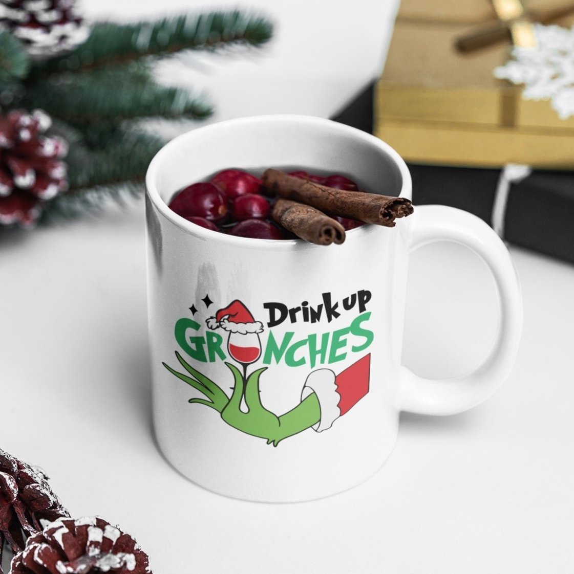 lustige Glühweintasse `drink up grinches` für Weihnachtsmuffel, witziges motiv