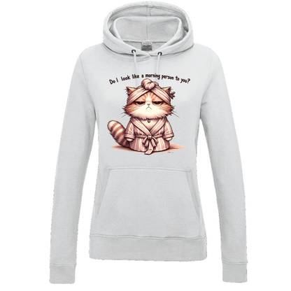 Lustiger Damenhoodie für Morgenmuffel- witziges Katzenmotiv mit Spruch: Do I look like a morning person to you?!