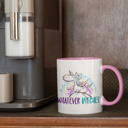 pinke einhorntasse whatever, statement-tasse für selbstbewusste einhornfreunde. perfekte bürotasse