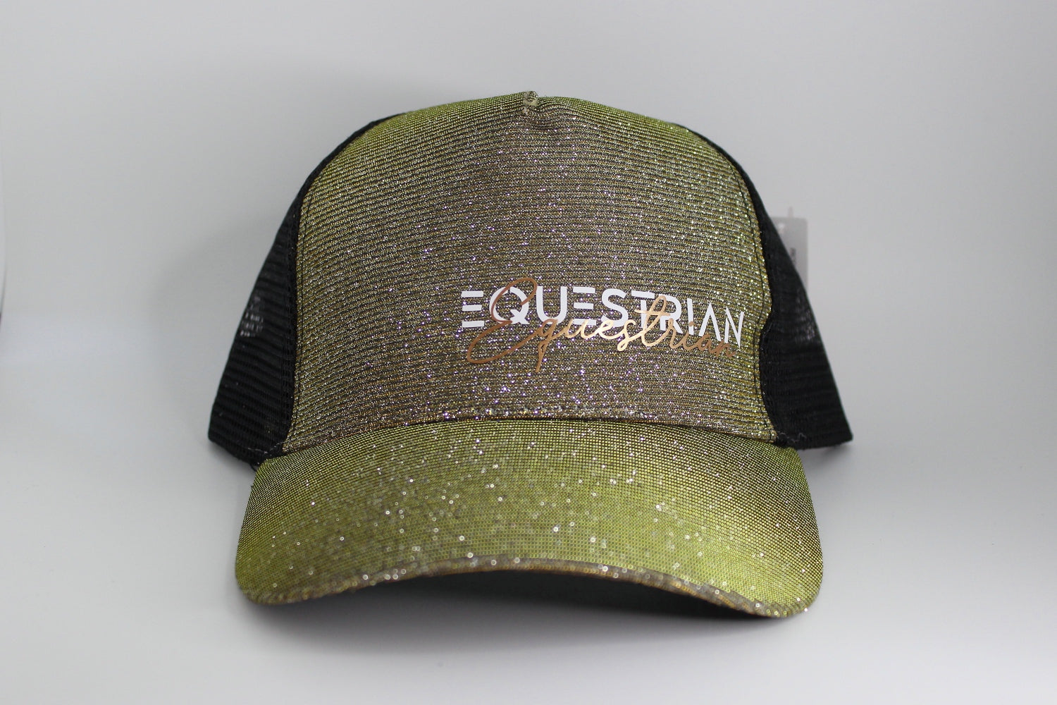Goldene Glitzer Cap Motiv "Equestrian" für Reiter und Reiterinnen in Unisex, Klett-Lasche zum Anpassen.