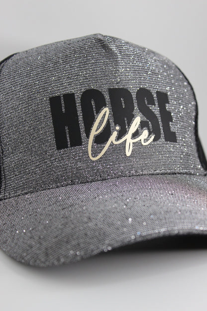 Glitzer Cap, silberfarben mit aufdruck "horse life"