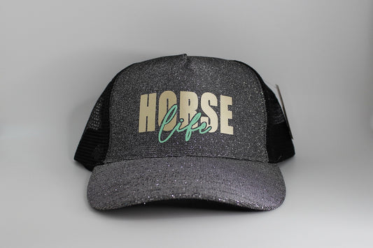 glitzereffekt cap, reitercap motiv "horse life" silber 
