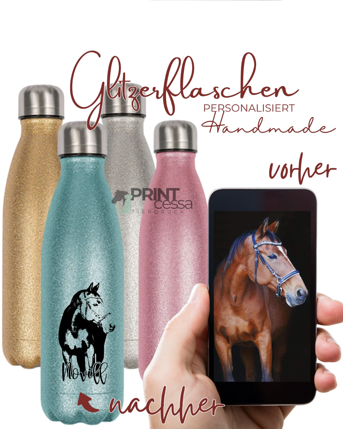 Glitzer Trinkflasche personalisiert nach Bildvorlage; Pferde und Hunde