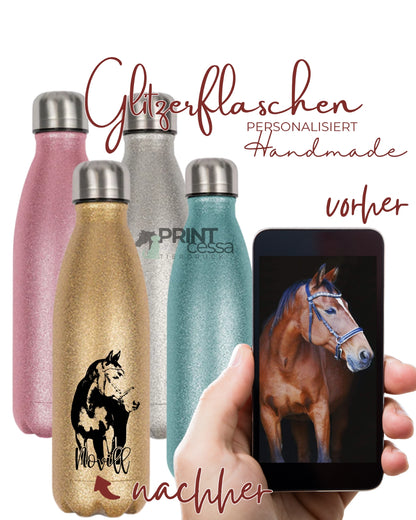 Glitzer Trinkflasche personalisiert nach Bildvorlage; Pferde und Hunde
