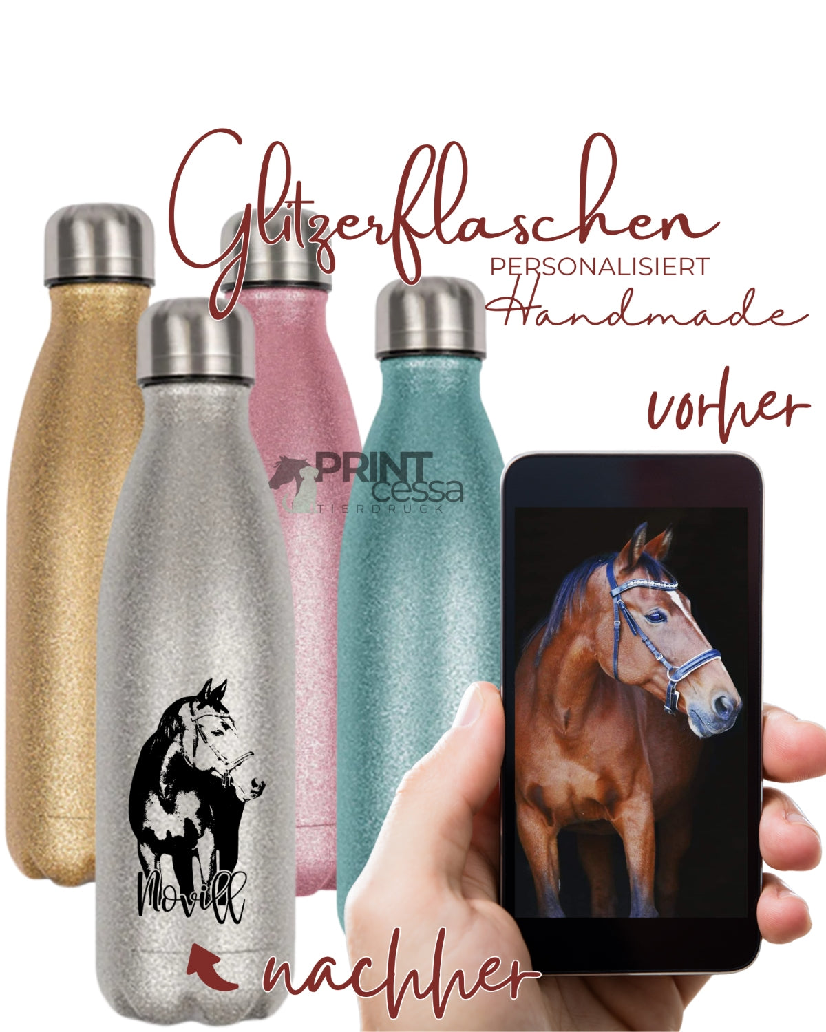 Glitzer Trinkflasche personalisiert nach Bildvorlage; Pferde und Hunde