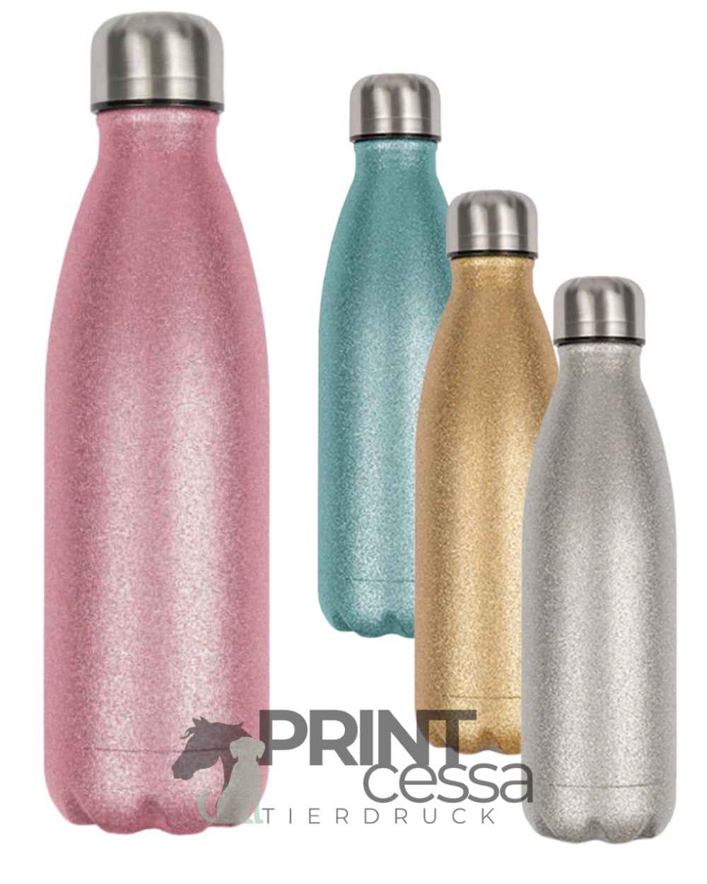 Glitzer Trinkflasche personalisiert nach Bildvorlage "Pferde/Hunde"