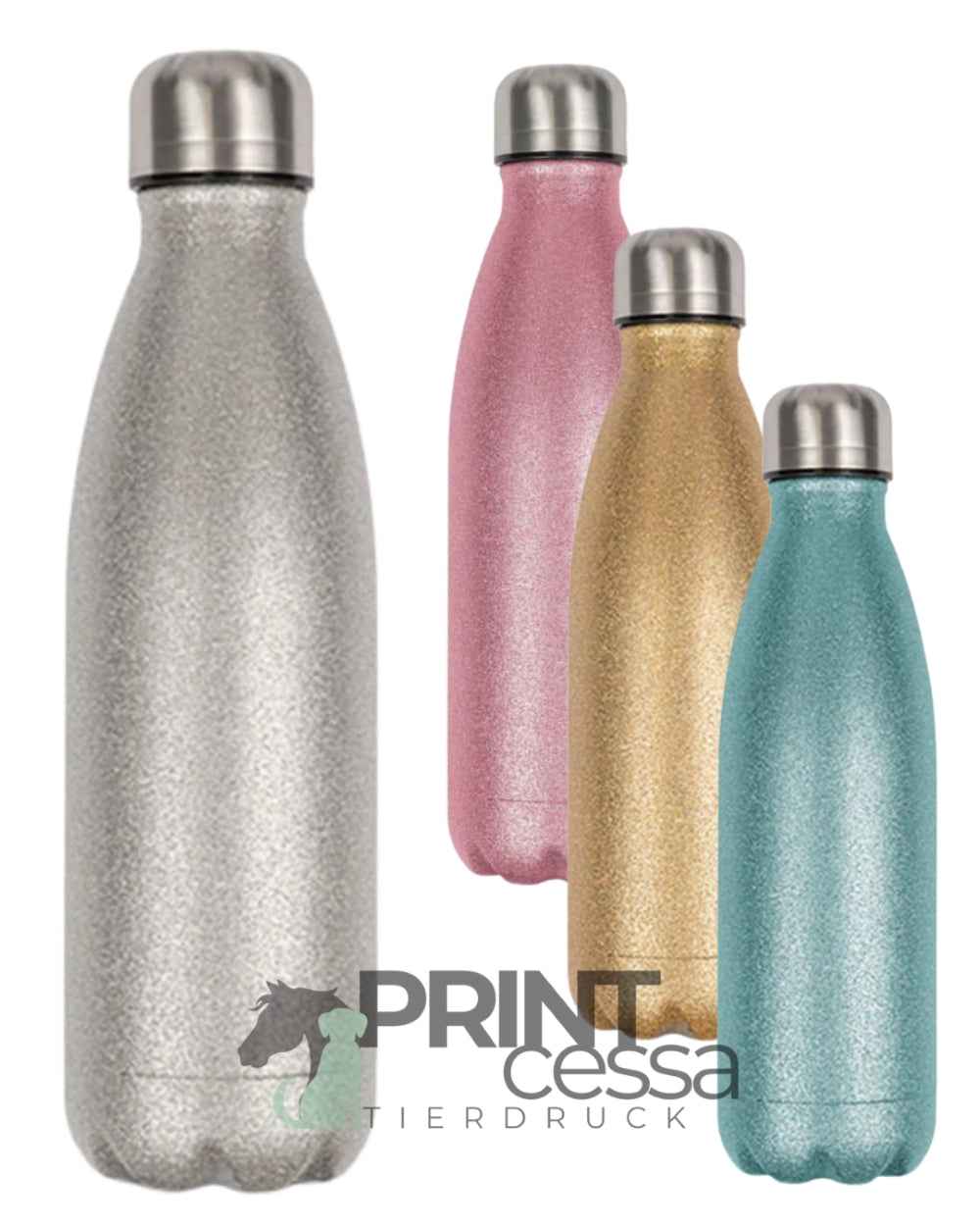 Glitzer Trinkflasche personalisiert nach Bildvorlage "Pferde/Hunde"