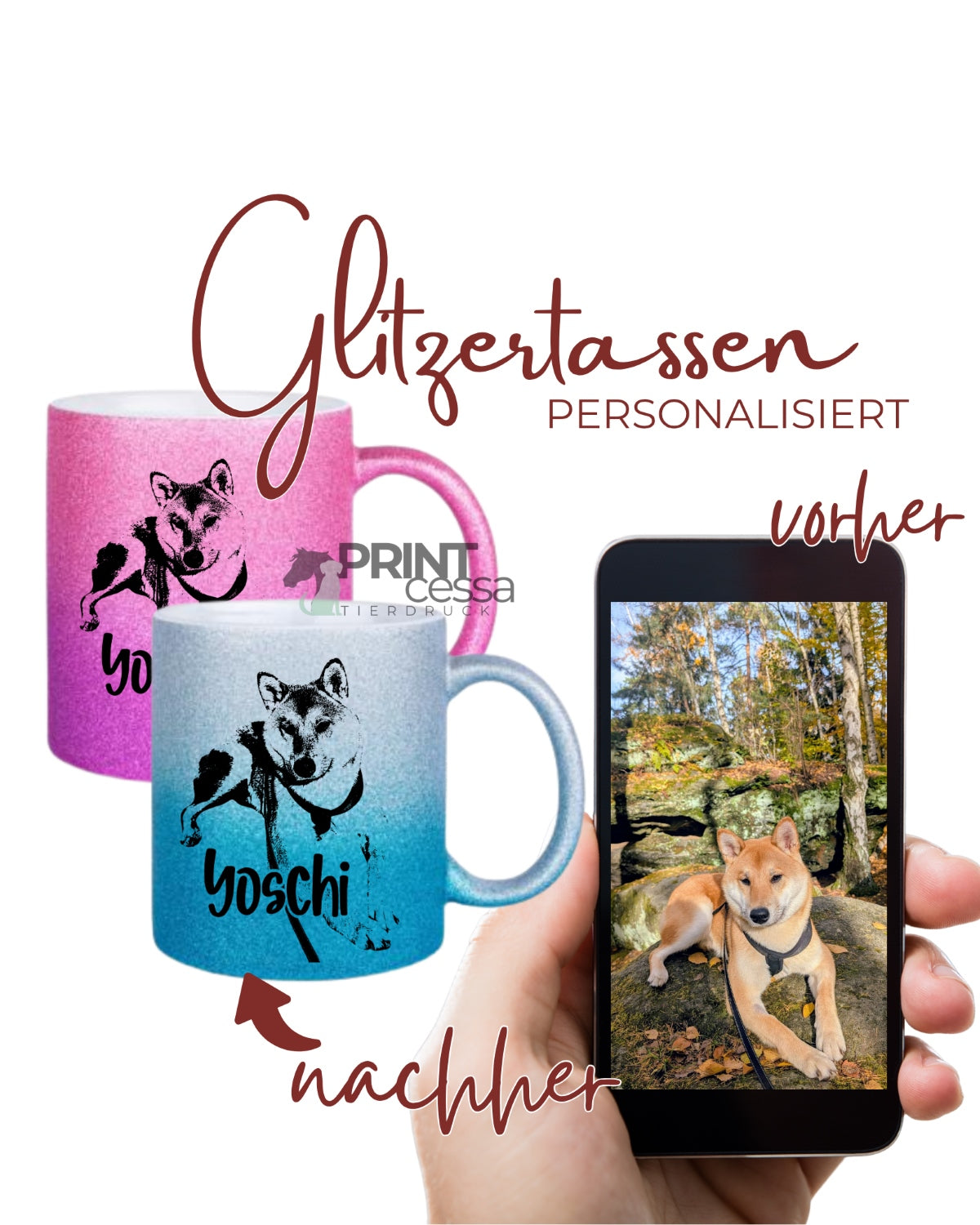 Das Ultimative Geschenk und gleichzeitig ein absolutes Unikat- die Glitzertassen personalisiert mit Bild von deinem Haustier.