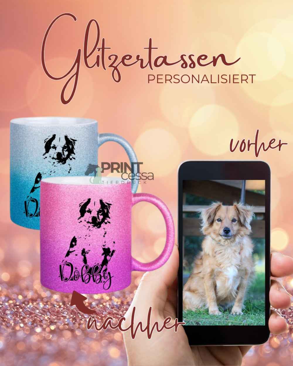Glitzertasse personalisiert mit Bild "Haustier"