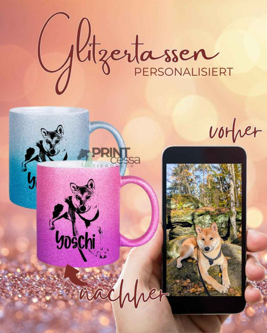 Glitzertasse personalisiert mit Bild "Haustier"