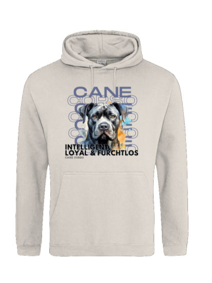 Produktbild Hoodie mit Aquarell Motiv "Cane Corso" Das Motiv hebt alle tollen Eigenschaften dieser HUnderasse hervor. Inelligen, Loyal, Furchtlos. Der Hoodie ist in hellem beige.