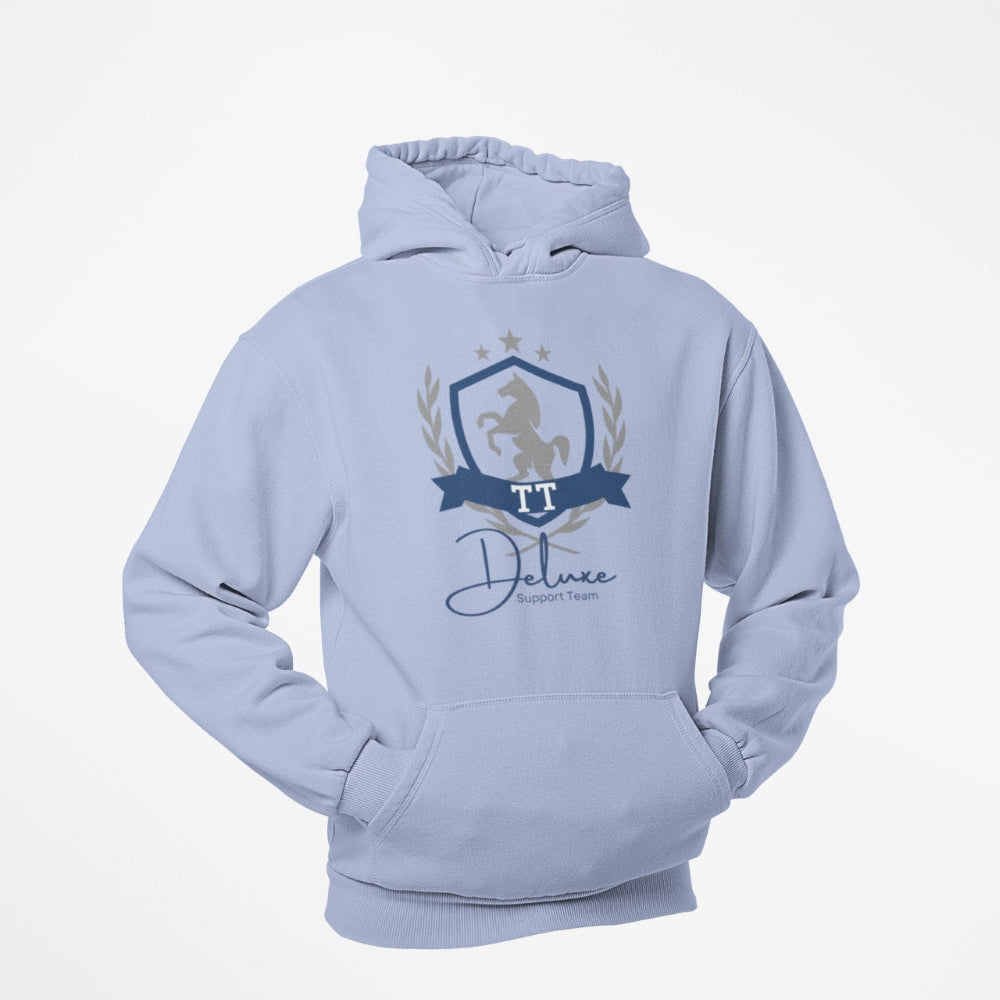 Hoodie mit Aufdruck ‚TT Deluxe Support Team‘ für Turnierreiter, idealer Begleiter für jedes Reitturnier, hochwertiges Design, Baumwoll-Mix Kapuzenpulli für Reiter/innen und Pferdefans farbe hellblau