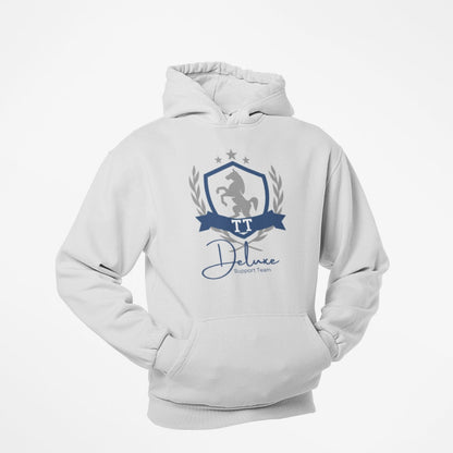 Hoodie mit Aufdruck ‚TT Deluxe Support Team‘ für Turnierreiter, idealer Begleiter für jedes Reitturnier, hochwertiges Design, Baumwoll-Mix Kapuzenpulli für Reiter/innen und Pferdefans farbe hellgrau