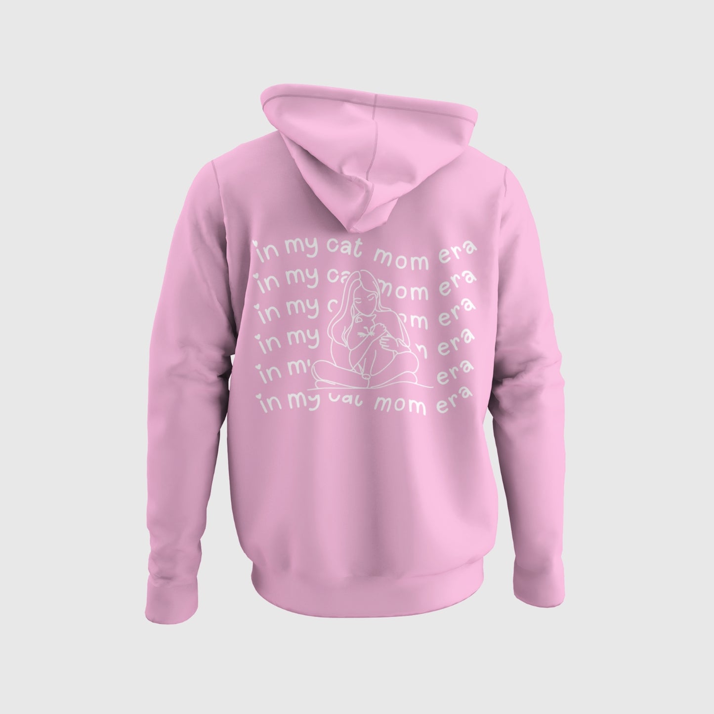 Hoodie mit Aufdruck "in my cat mom era", dezenter Print vorne als kleiner Schriftzug und das große Motiv auf dem Rücken.