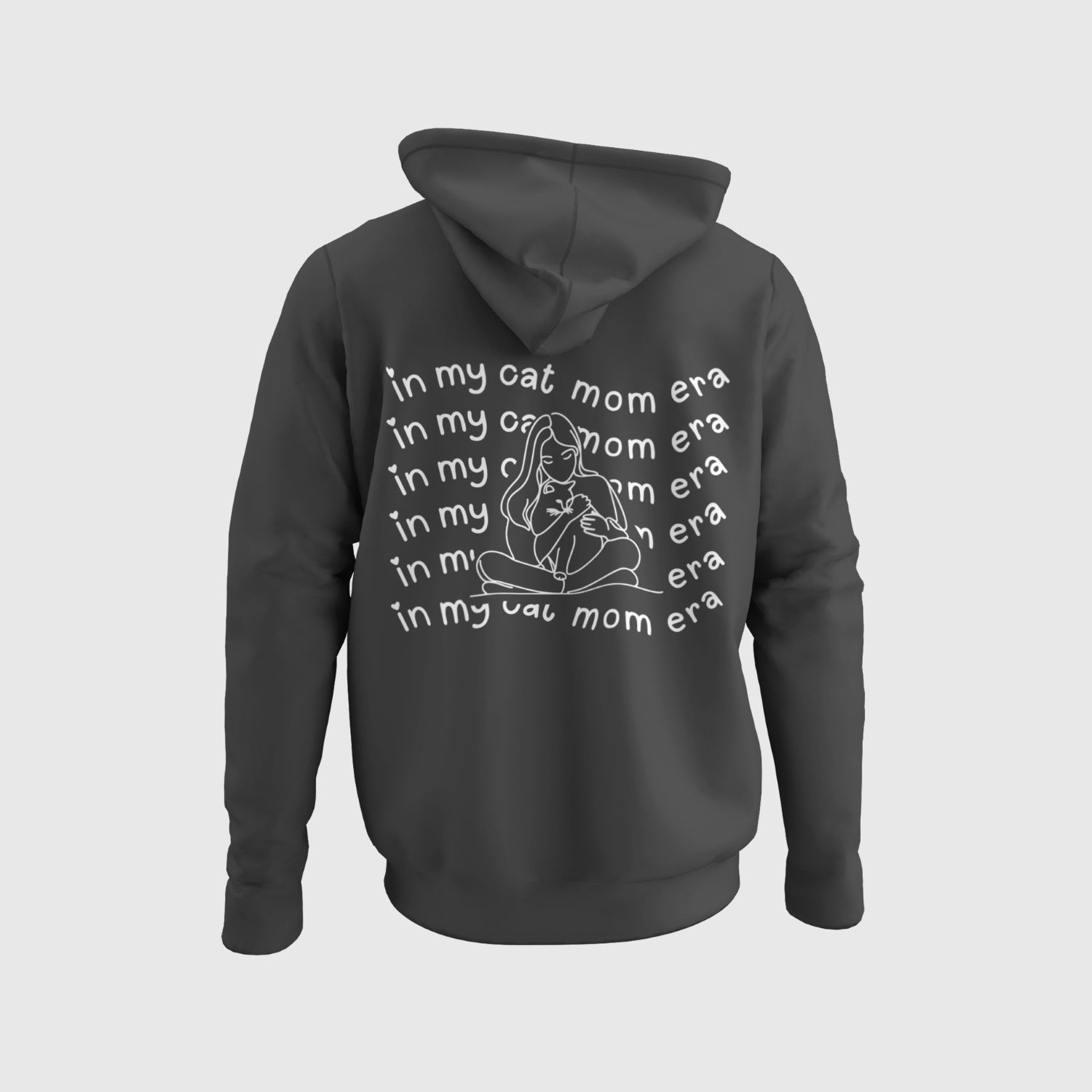 Hoodie mit Aufdruck "in my cat mom era", dezenter Print vorne als kleiner Schriftzug und das große Motiv auf dem Rücken.