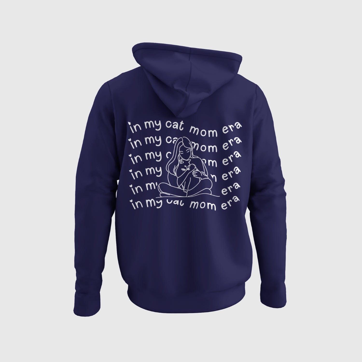 Hoodie mit Aufdruck "in my cat mom era", dezenter Print vorne als kleiner Schriftzug und das große Motiv auf dem Rücken.