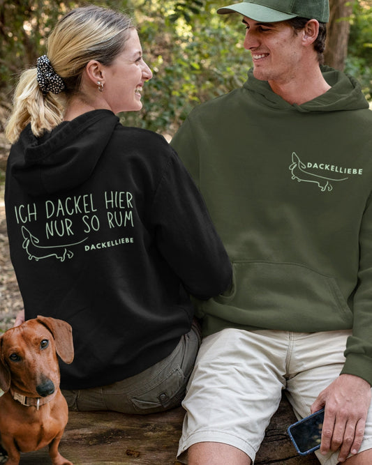 Hochwertiger Baumwoll-Mix Pullover für Dackelbesitzer, süßes Dackel Motiv mit Spruch "Ich Dackel hier nur so rum"