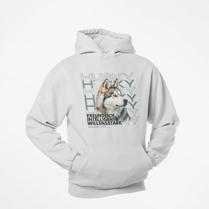 Motiv Hoodie Husky im Rasseportrait. Unsere Kollektion zeigt die besten Charakter Eigenschaften der Hunderassen mit einem tollen stilvollen Motiv