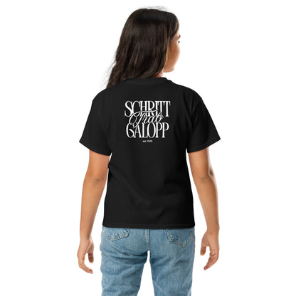 Motiv Shirt für junge Reiterinnen und Reiter, Print auf dem Rücken "Schritt, Trab, Galopp"- super modernes schlichtes Design für Stall oder auch Freizeit geeignet.