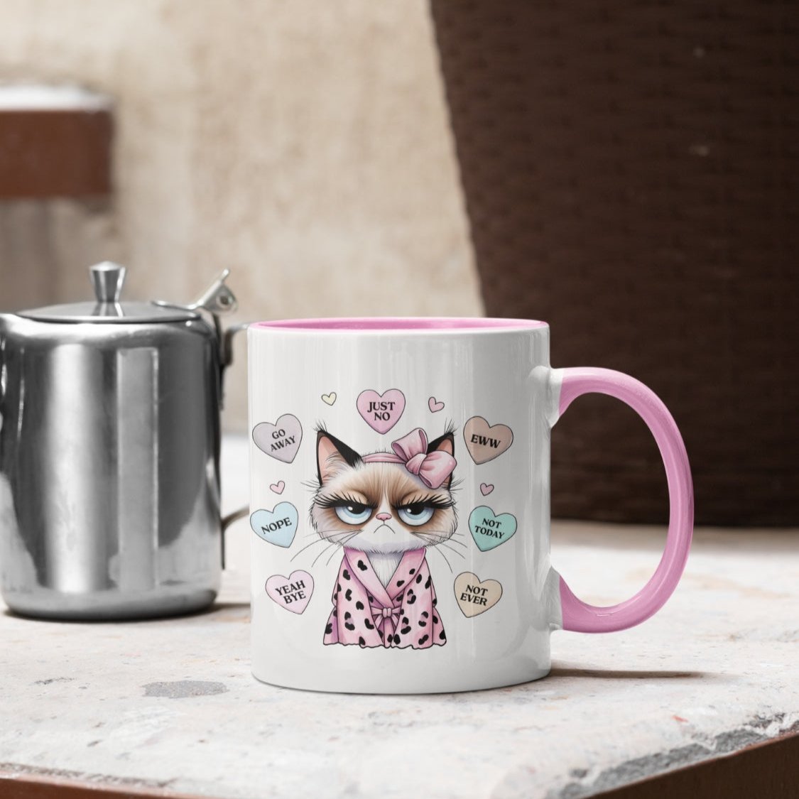 Keramiktasse für Singles, Anti-Valentinstags Motiv mit lustigem Katzenmotiv