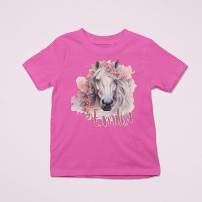 kindershirt mit pferdemotiv farbe fuchsia, das shirt kann personalisiert werden.