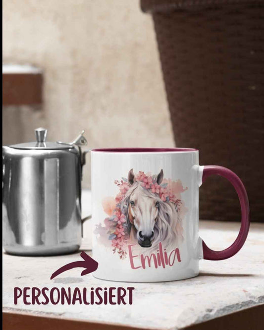 Personalisierte Pferdetasse Blumig für Mädchen – Einzigartiges Geschenk