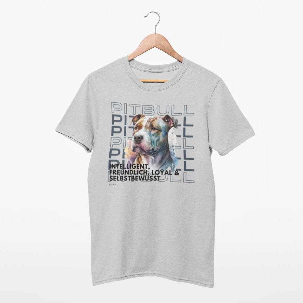 T-Shirt für Pitbull Liebhaber, Unisex Shirt mit Aufdruck 'Pitbull im Rasseportrait' die besten Charaktereigenschaften dieser Hunderasse.