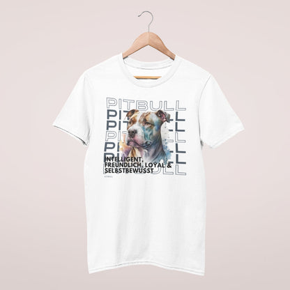 T-Shirt für Pitbull Liebhaber, Unisex Shirt mit Aufdruck 'Pitbull im Rasseportrait' die besten Charaktereigenschaften dieser Hunderasse.