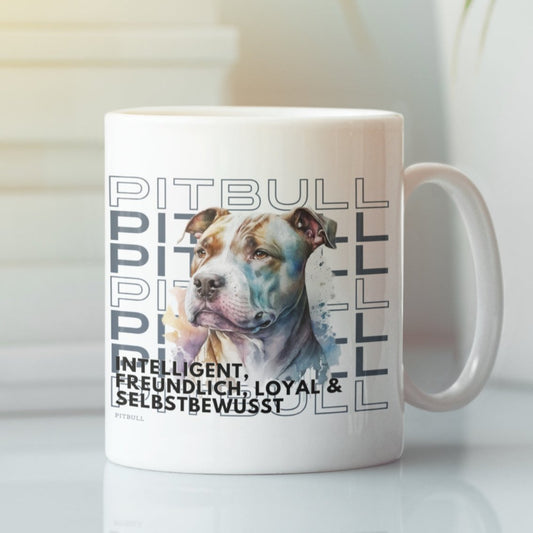 Tasse für Pitbull Liebhaber, Pitbull Besitzer, Motiv Rasseportrait Pitbull und ihre besten Charaktereigenschaften