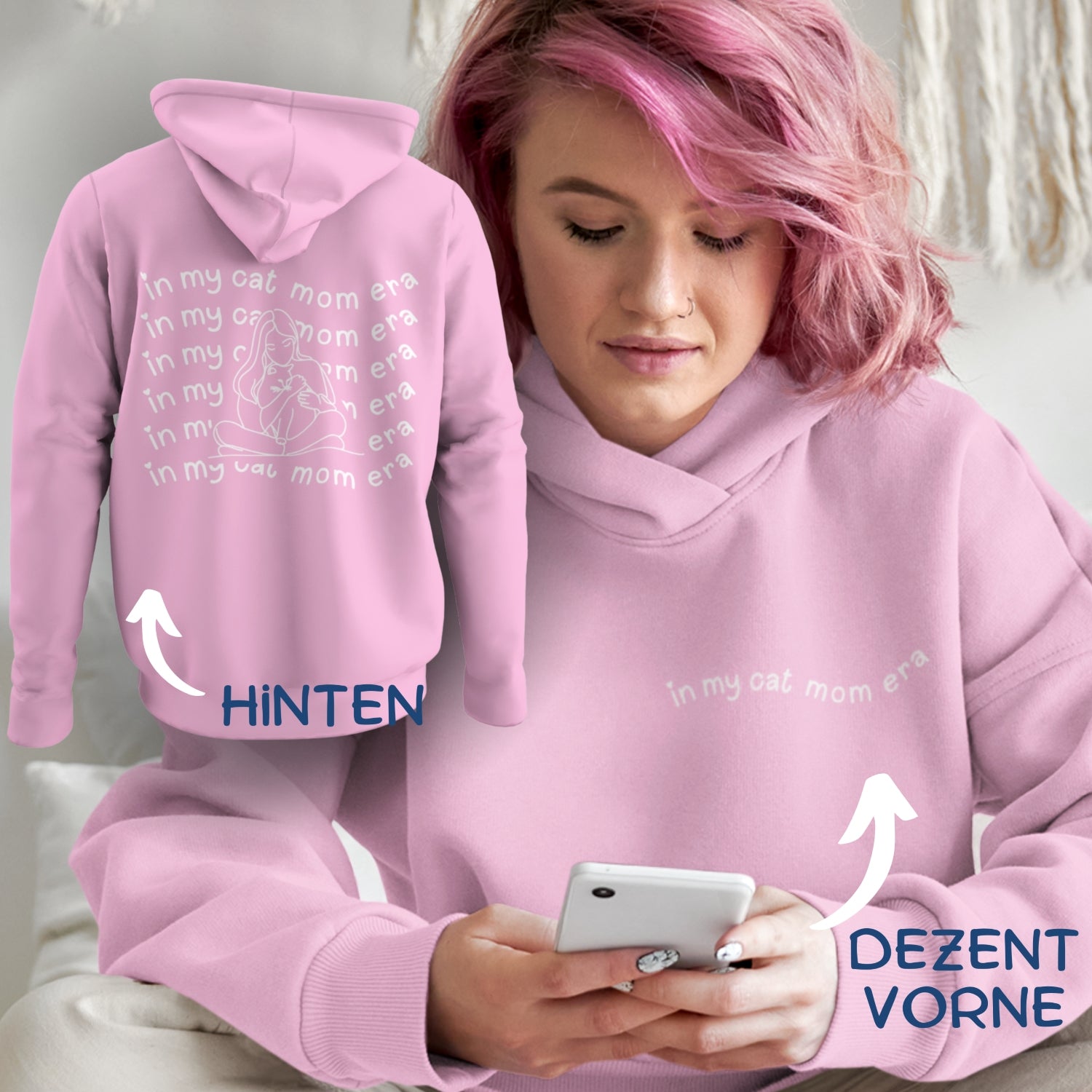 Hoodie mit Aufdruck "in my cat mom era", dezenter Print vorne als kleiner Schriftzug und das große Motiv auf dem Rücken.