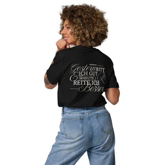 Shirt für Reiterinnen mit dem coolen Motiv auf dem Rücken "gestern ritt ich gut & heute reite ich besser" Shirt Farbe schwarz.