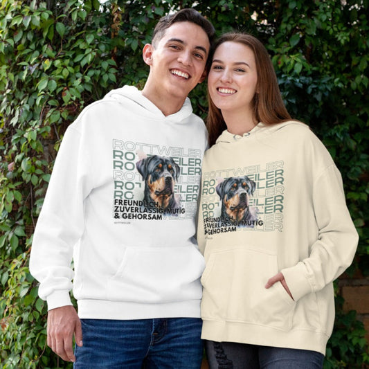 Hoodie für Rottweiler Besitzer und liebhaber der Hunderasse Rottweiler, Rasseportrait als toller modern Aufrduck auf hochwertigem Kapuzenpulli