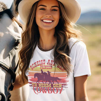 Jerseyshirt aus Bio-Baumwolle für unsere Cowgirls- Scheiss auf den Prinzen, ich nehm den Cowboy! Für FReizeitreiter und alle Pferdeliebhaber