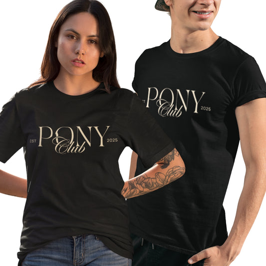 Unisex Tshirt für Ponyreiter und reiterinnen. Motiv "Pony Club" modernes und zeitloses pferdesdesign