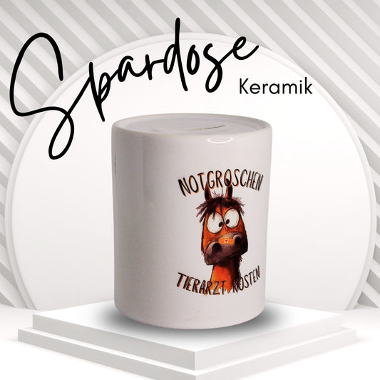Keramik Spardose für Pferdebesitzer, Motiv "Notgroschen Tierarzt Kosten" und einem süßen Pferdekopf mit Pflaster auf der Nase.