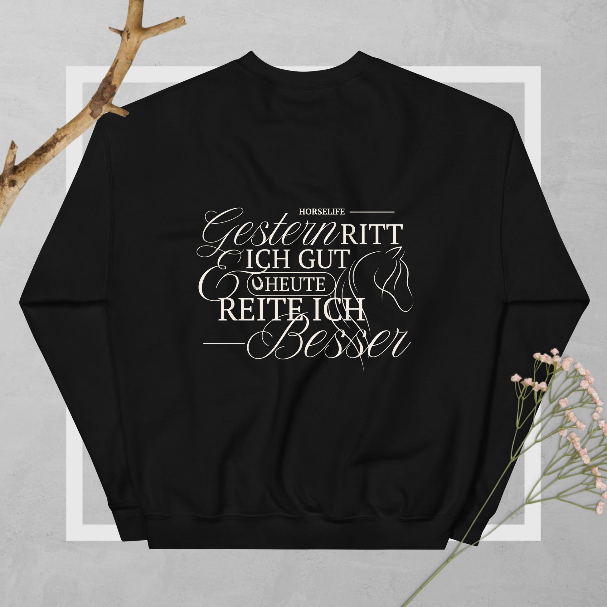 Unisex Sweatshirt für Reiter und Reiterinne mit dem coolen Motiv auf dem Rücken "gestern ritt ich gut & heute reite ich besser" Shirt Farbe schwarz.