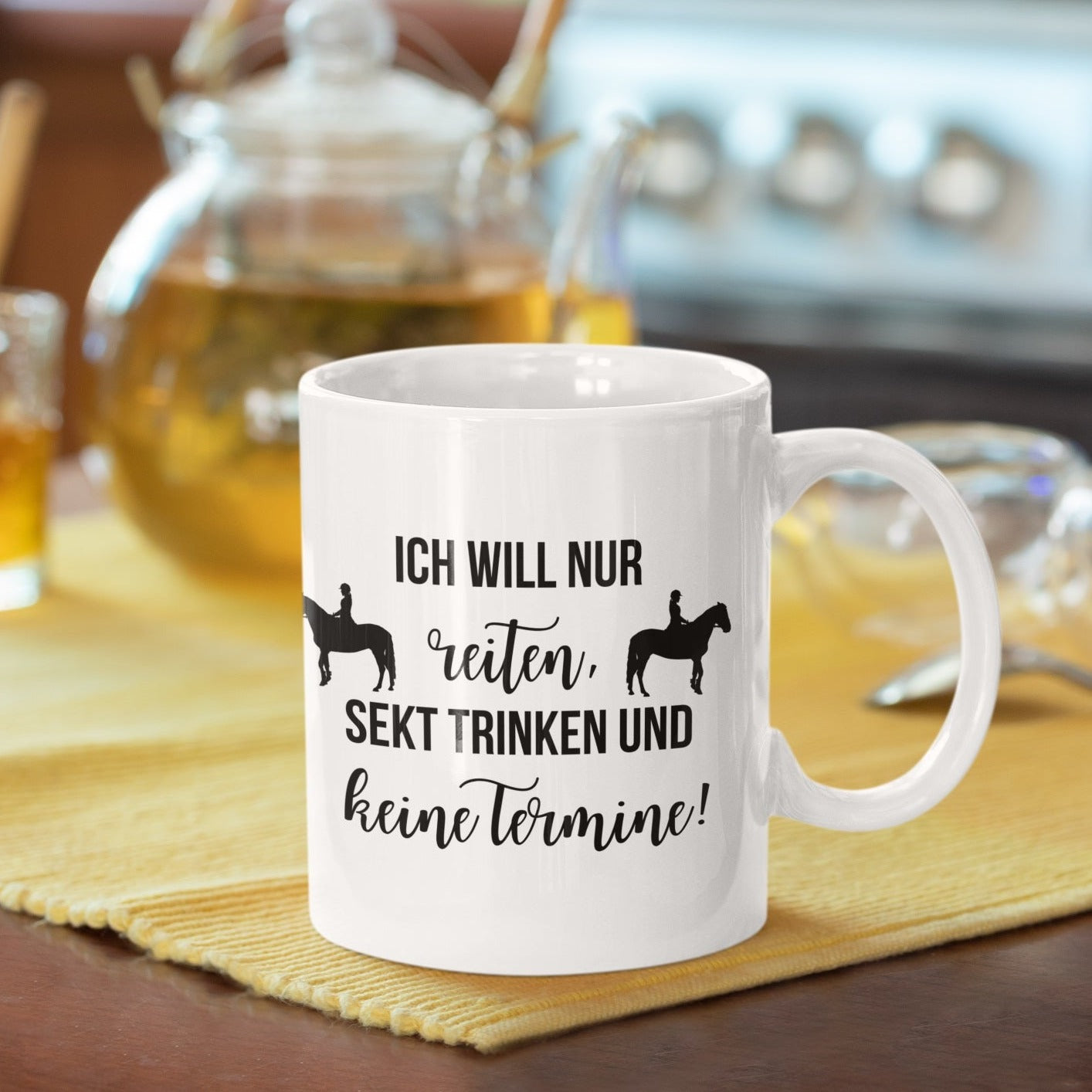 Keramiktasse, "Ich will nur reiten, Sekt trinken und keine Termine!