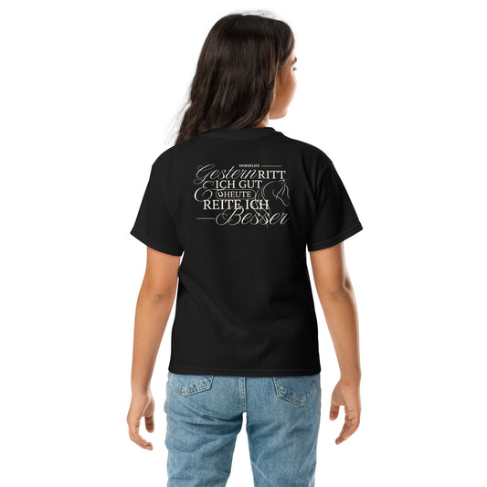 Teenager Shirt für Reiterinnen mit dem coolen Motiv auf dem Rücken "gestern ritt ich gut & heute reite ich besser" Shirt Farbe schwarz.