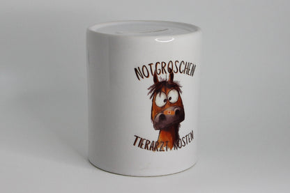 Spardose aus Keramik von Hand bedruckt, Motiv "Notgroschen Tierarzt Kosten" mit süßem Pferdemotiv mit einem Pflaster auf der Nase.