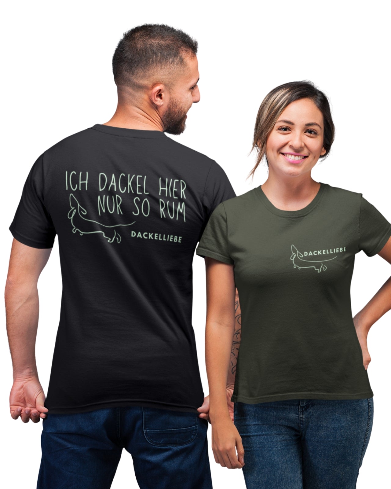 T-Shirt mit Dackelspruch und Dackelmotiv. Print vorne Dackelliebe und hinten ich Dackel hier nur so rum.
