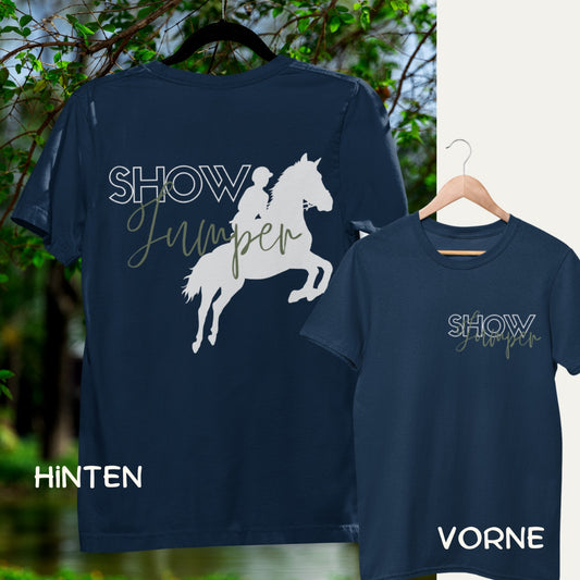 Pferdeshirt für Freizeitreiter und Turnierreiter mit coolem Springreiter Print Showjumper. T-Shirt Farbe Navy.