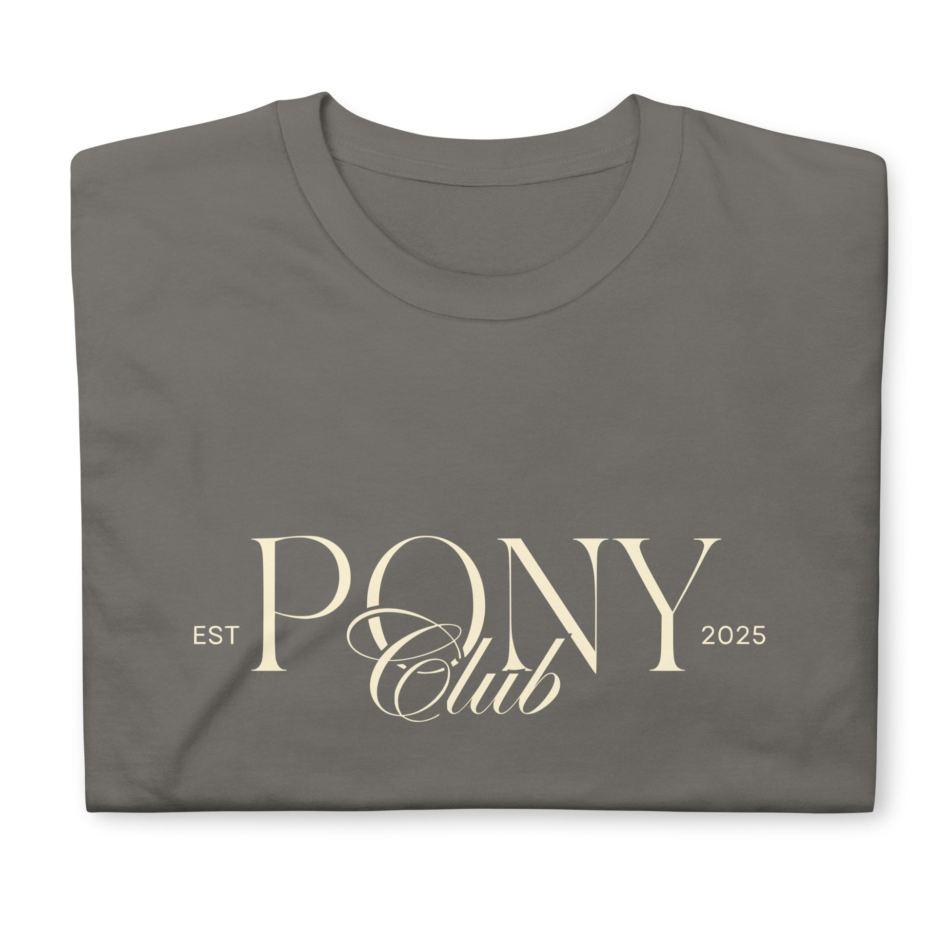Unisex T-Shirt für Frauen und Männer mit dem Print "Pony Club" auf der Brust. Modernes Design für Pony Liebhaber, Pony Besitzer oder Reitbeteiligungen.  Shirt in grau