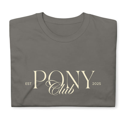 Unisex T-Shirt für Frauen und Männer mit dem Print "Pony Club" auf der Brust. Modernes Design für Pony Liebhaber, Pony Besitzer oder Reitbeteiligungen.  Shirt in grau