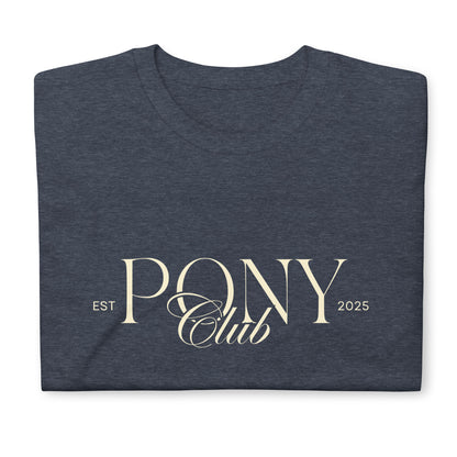 Unisex T-Shirt für Frauen und Männer mit dem Print "Pony Club" auf der Brust. Modernes Design für Pony Liebhaber, Pony Besitzer oder Reitbeteiligungen.  Shirt in meliertem Navy Blau