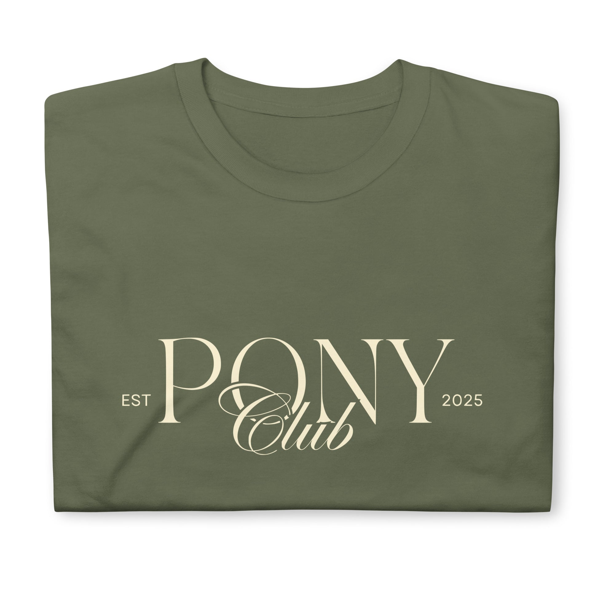 Unisex T-Shirt für Frauen und Männer mit dem Print "Pony Club" auf der Brust. Modernes Design für Pony Liebhaber, Pony Besitzer oder Reitbeteiligungen. Shirt in Khaki Grün