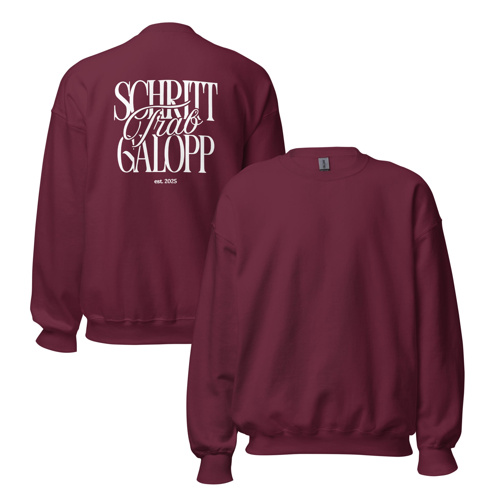 Sweatshirt für Reiterinnen und Reiter in Unisex, moderner Print auf dem Rücken. Schriftzug "Schritt, Trab, Galopp" perfekte Geschenkidee für Pferdefans Farbe Burgundy 