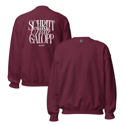 Sweatshirt für Reiterinnen und Reiter in Unisex, moderner Print auf dem Rücken. Schriftzug "Schritt, Trab, Galopp" perfekte Geschenkidee für Pferdefans Farbe Burgundy 