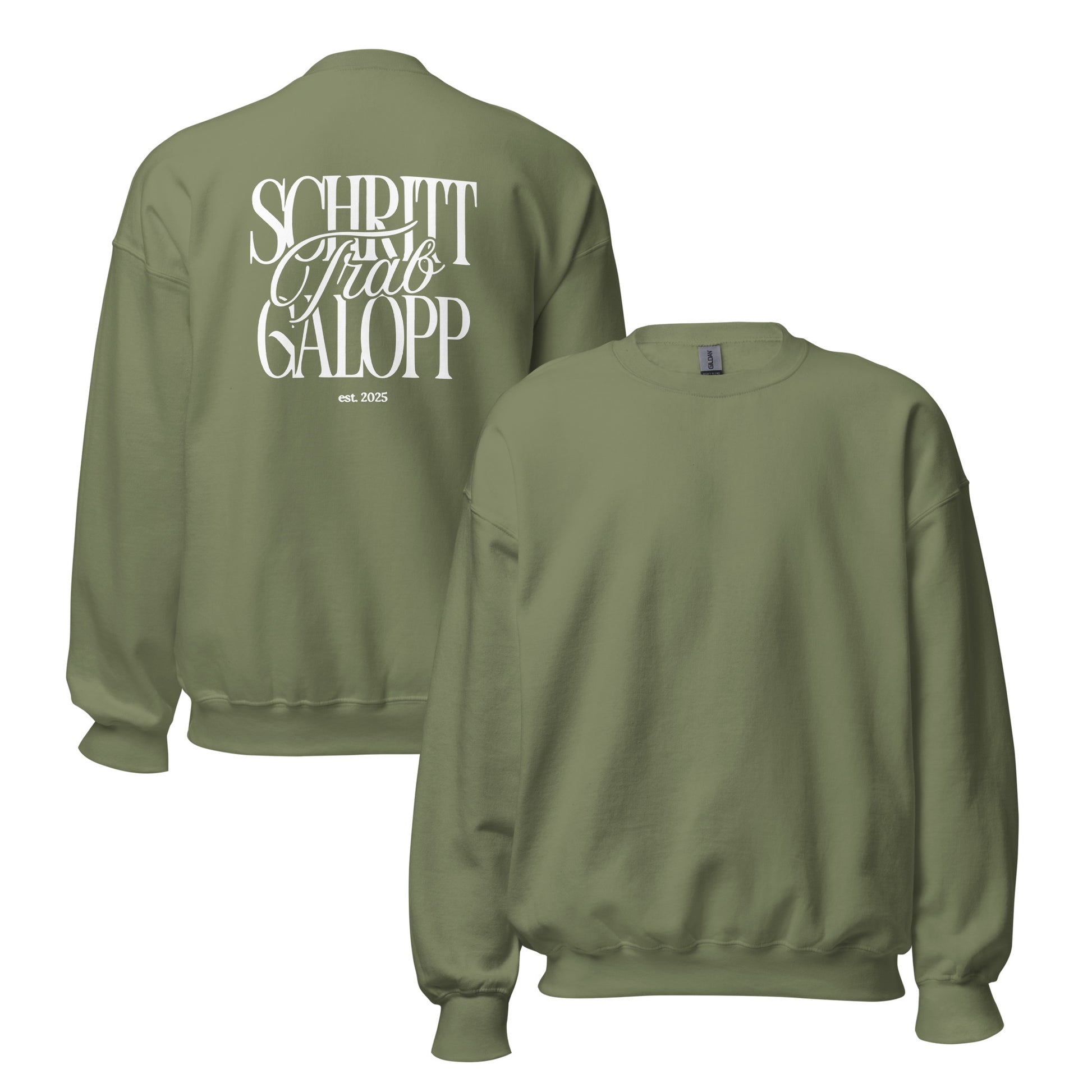 Sweatshirt für Reiterinnen und Reiter in Unisex, moderner Print auf dem Rücken. Schriftzug "Schritt, Trab, Galopp" perfekte Geschenkidee für Pferdefans Farbe Khaki