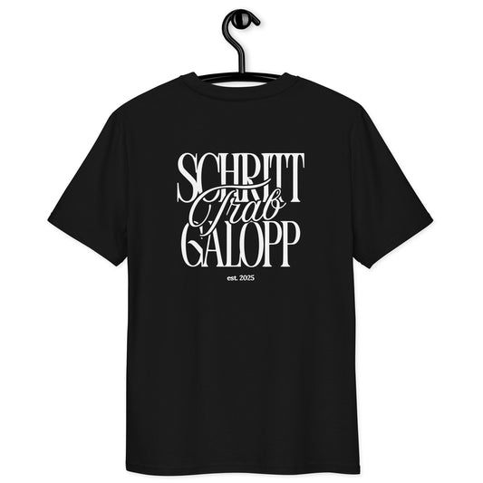 Unisex T-Shirt für Pferdefans,  moderner Print "Schritt, Trab, Galopp" auf dem Rücken T.-Shirt Farbe Schwarz