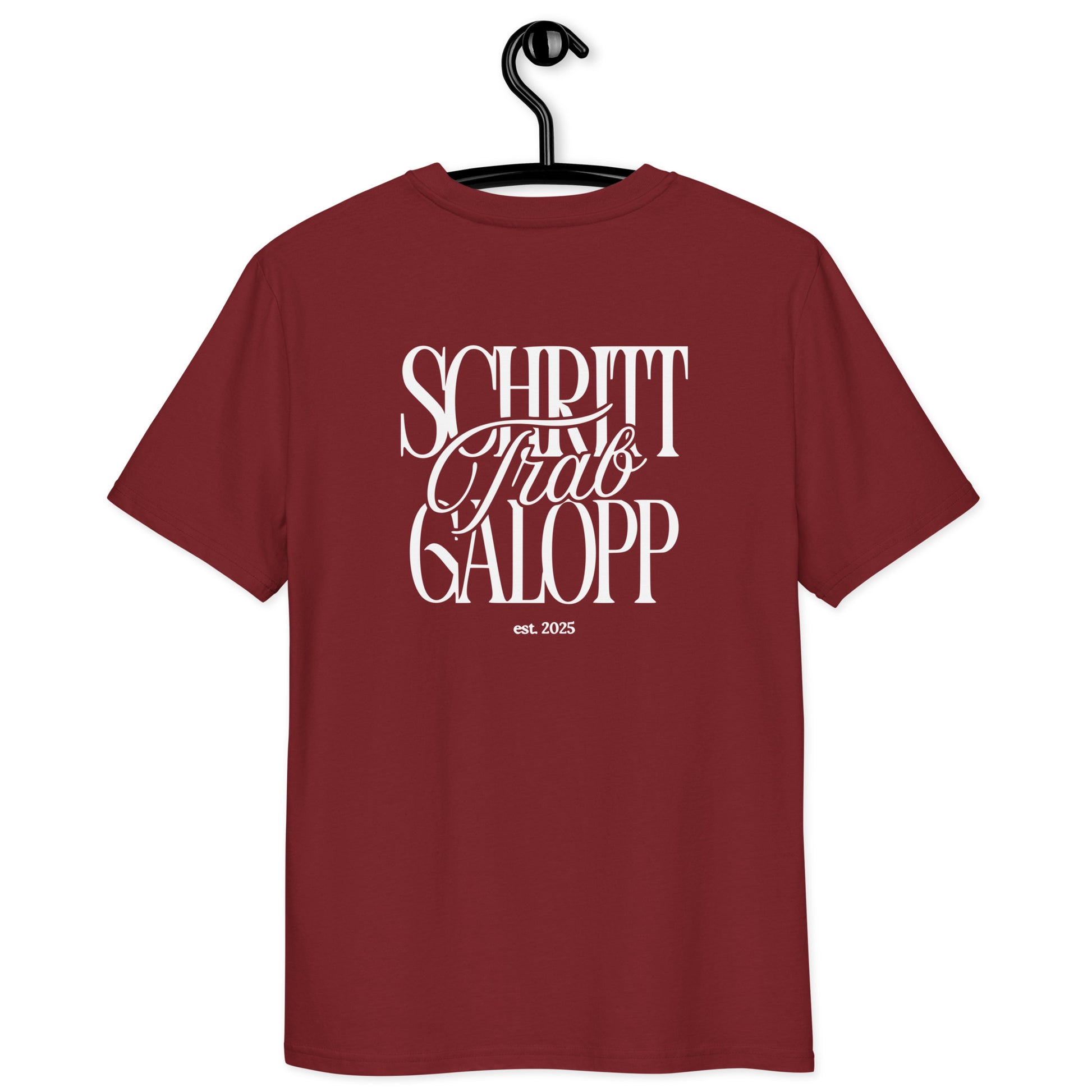 Unisex T-Shirt für Pferdefans,  moderner Print "Schritt, Trab, Galopp" auf dem Rücken T.-Shirt Farbe Burgundy